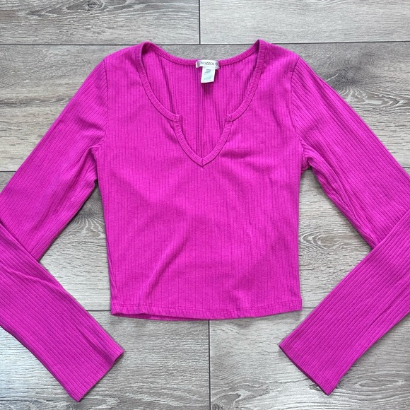 Bozzolo Hot Pink V-Neck Crop Top Y2K Style - Picture 4 of 10